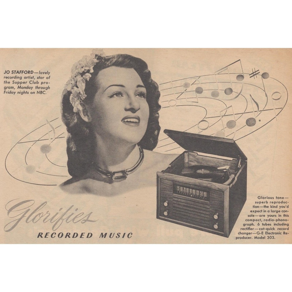 1946 Vintage Print Ad General Electric Radio Phonograph Jo Stafford Celebrity